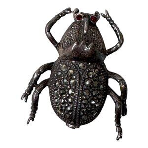 Vtg Sterling Silver Scarab Beetle Brooch Ruby Red Crystal Eyes Egyptian Art Deco